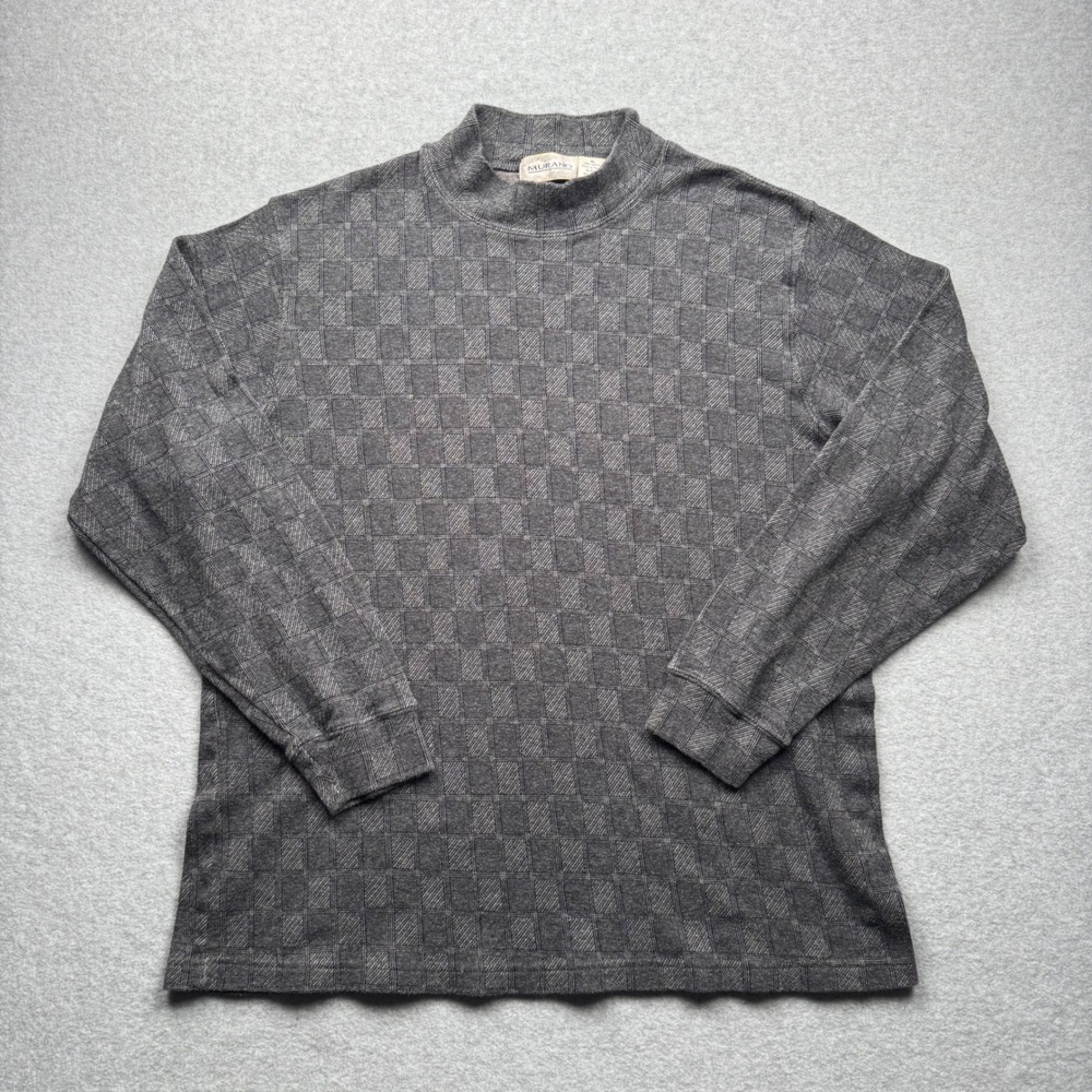 Murano Mens XL Long Sleeve Mock Neck Shirt Gray Textured Grid Cotton Pullover